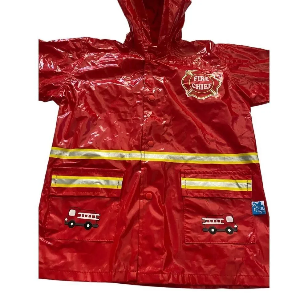 Puddle Play Little Boys XS Red Fireman Raincoat Outerwear Hooded Waterproof